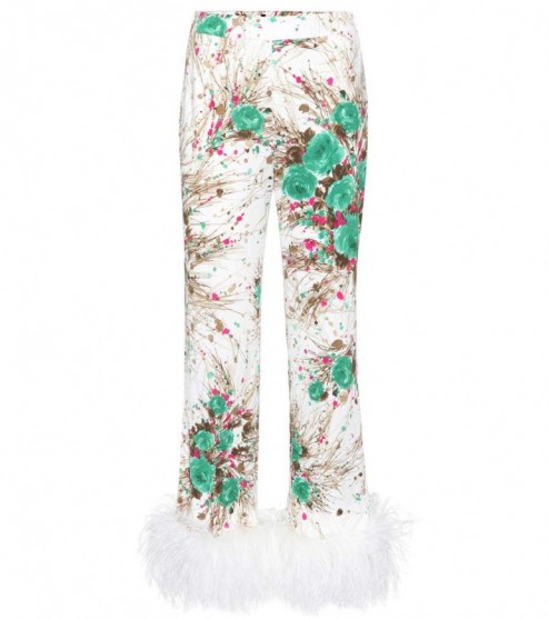 PRADA feather-trimmed printed silk trousers