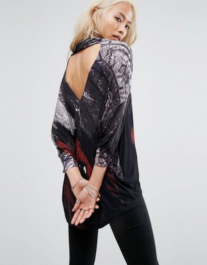 Religion High Neck Blouse With Drapey Back In Dark Print | open/cut out back blouses