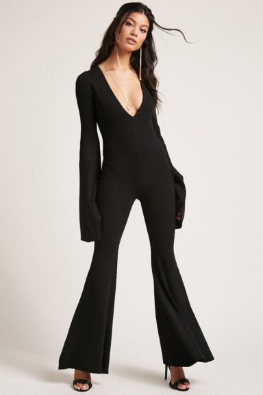 FOREVER 21 Ribbed V-Neck Jumpsuit ~ black plunging jumsuits