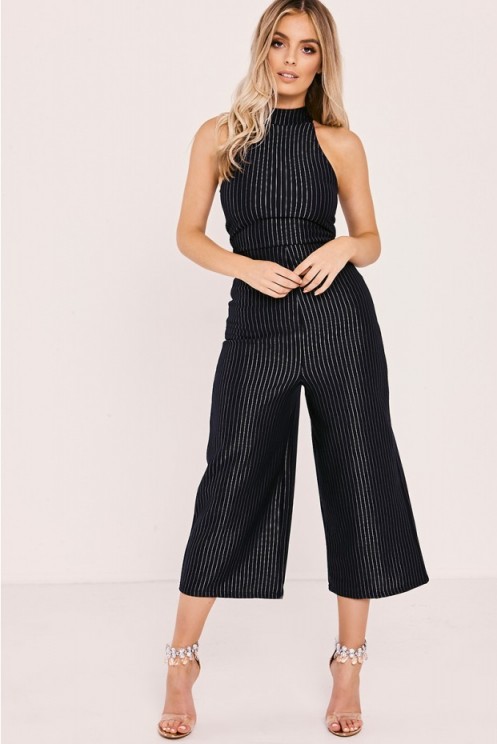 IN THE STYLE TAYLAR NAVY STRIPED HIGH NECK CULOTTE JUMPSUIT