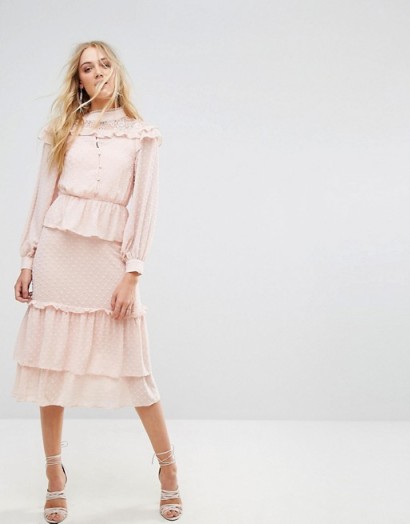 True Decadence Tall Premium Metallic Chiffon Layered Ruffle Midi Dress ~ romantic pale pink dresses