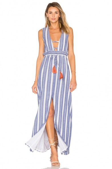 Tularosa ESSIE MAXI DRESS | indigo stripe plunge front dresses