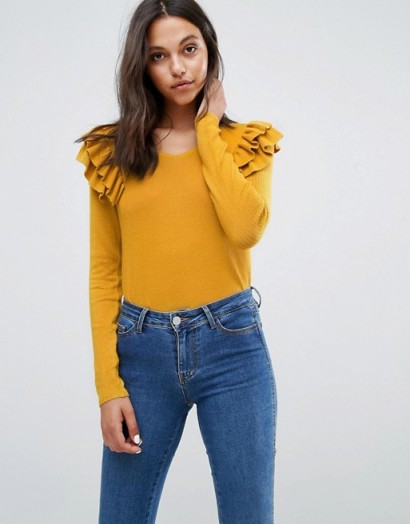 Vila Frill Shoulder Jumper | gold ruffled jumpers | knitwear