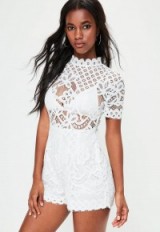 Missguided white high neck lace short sleeve playsuit