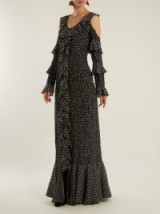 RAQUEL DINIZ Ada polka-dot cut-out shoulder silk gown – ruffled evening gowns