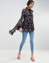 ASOS Kimono Sleeve Blouse In Chiffon In Dark Floral