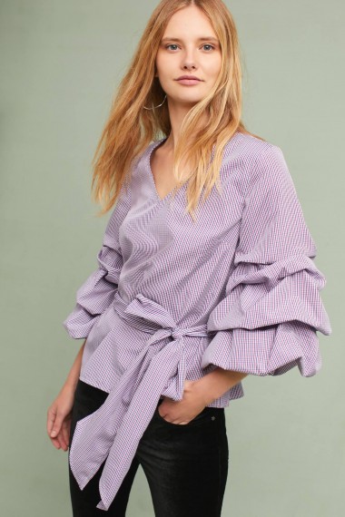 Sunday in Brooklyn Avelina Ruffled Gingham Blouse, Purple | ruffle waist tie blouses/tops