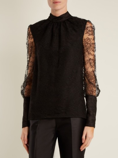 LANVIN Band-collar semi-sheer floral-lace blouse