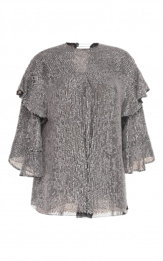 Isabel Marant Basile Ruffled Sequin Top | silver ruffle sleeved tops