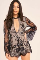 BINKY BLACK LACE HIGH NECK FLUTE SLEEVE PLAYSUIT ~ sheer sleeved playsuits