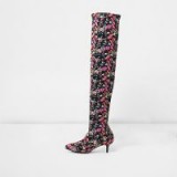 River Island Black floral over-the-knee kitten heel boots