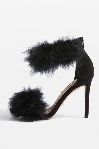 TOPSHOP Black 2 Strap Feather Sandals ~ luxe heels