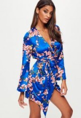 Missguided blue satin floral print shift dress