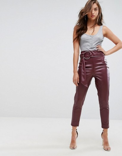 plum leather trousers