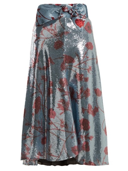 JOHANNA ORTIZ Bow-detail floral-print sequin-embellished skirt ~ metallic-blue skirts