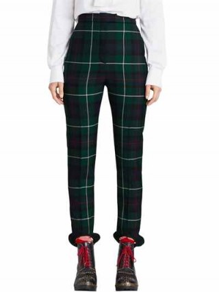 BURBERRY CHECK WOOL TWILL PANTS / green and blue tartan stirrup trousers / check printed fashion