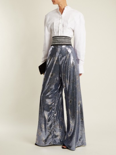 JOHANNA ORTIZ Campanilla sequin-embellished high-rise trousers ~ metallic-blue wide leg pants