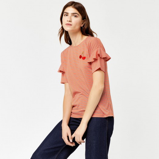 Warehouse CHERRY EMBROIDERED STRIPE TEE | striped red ruffled t-shirts