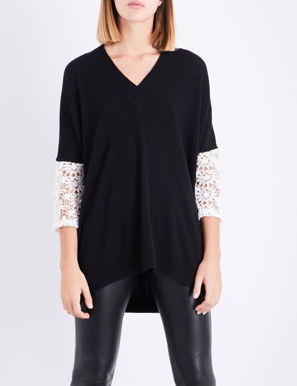 CLAUDIE PIERLOT Lace-trim knitted top | black oversized V-neck jumpers | knitwear