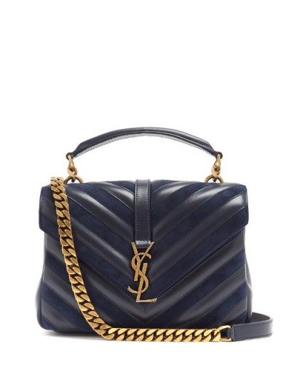 SAINT LAURENT Collège medium navy leather and suede shoulder bag ~ chic quilted top handle bags