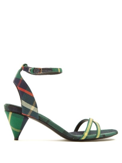 BURBERRY Cone-heel tartan sandals ~ green plaid strappy shoes