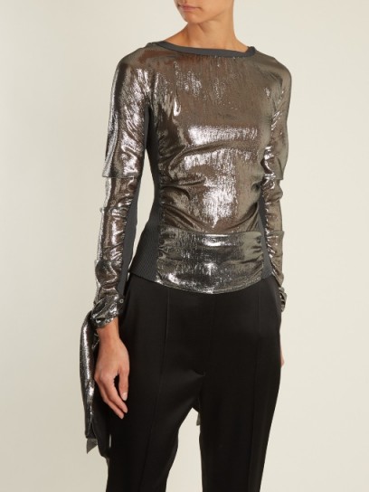 LEMAIRE Contrast-panel ruched metallic-silver silk-blend top ~ luxe cuff tie tops