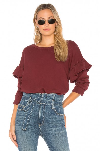 Current/Elliott THE RUFFLE SWEATSHIRT | dark red sweatshirts | ruffled tops