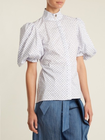 CAROLINE CONSTAS Daisy micro floral-print cotton-blend shirt ~ high neck puff sleeved shirts ~ romantic tops