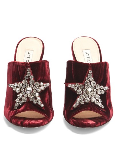 ATTICO Debbie crystal-embellished velvet mules ~ burgundy-red high heels