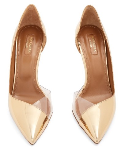 AQUAZZURA Eclipse point-toe patent-leather pumps ~ luxe high heeled courts ~ gold court shoes