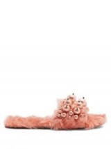 MIU MIU Embellished faux-shearling slides / fluffy pink flats