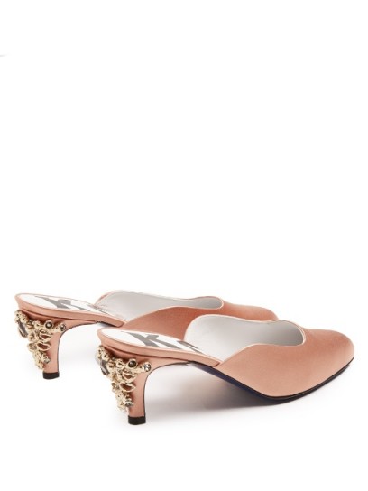 KOCHÉ Embellished-heel satin mules ~ nude-pink kitten heels