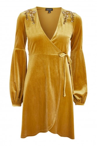 Topshop Embroidered Velvet Wrap Dress | ochre-yellow dresses | affordable luxe