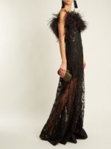 ELIE SAAB Feather-trimmed embroidered strapless tulle gown ~ semi sheer feathered gowns ~ luxe event wear