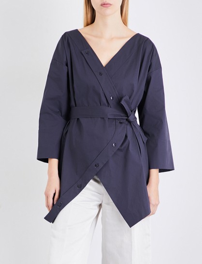 FINERY LONDON Wheler wrap-over poplin shirt | navy asymmetric shirts