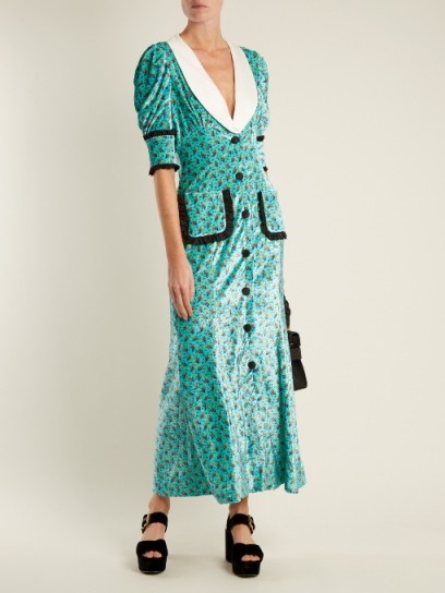 ALESSANDRA RICH Floral-print velvet dress ~ blue vintage style dresses