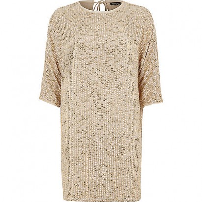 River Island Gold sequin embellished T-shirt shift dress ~ sequinned party dresses