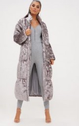 PRETTYLITTLETHING GREY VELVET LONGLINE PUFFER COAT – luxe winter coats