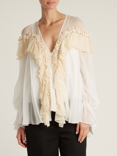 JONATHAN SIMKHAI Grommet-detail ruffled silk-chiffon blouse ~ sheer ruffle trim blouses