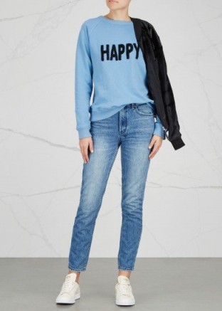 UZMA BOZAI Happy embellished cotton sweatshirt ~ sky-blue sequin slogan sweatshirts