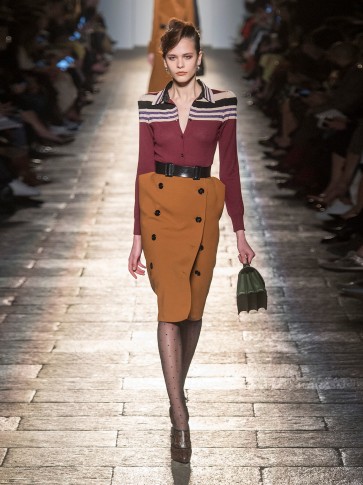 BOTTEGA VENETA High-rise folded-side wool pencil skirt ~ camel-brown structured skirts