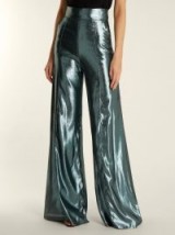 WANDA NYLON High-rise wide-leg silk-blend trousers / blue shiny pants