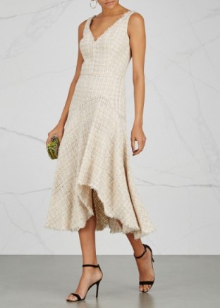 ALEXANDER MCQUEEN Ivory tweed midi dress ~ chic asymmetric hemline dresses