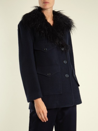 SIES MARJAN Ivy wool-blend felt pea coat ~ navy faux fur collar coats