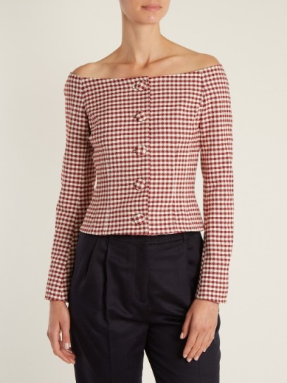 BROCK COLLECTION Jackie off-the-shoulder gingham top ~ check print bardot tops