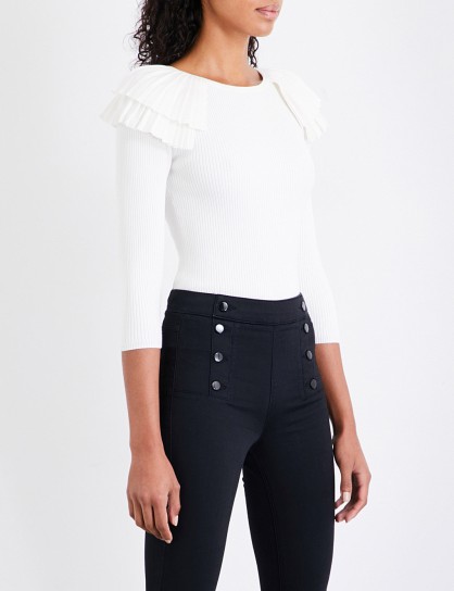 KAREN MILLEN Frilled-detail ribbed-knit jumper | cream ruffle shoulder jumpers