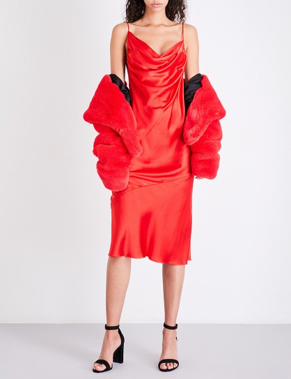 KENDALL & KYLIE Asymmetric-neck silk-satin slip dress | strappy red cami dresses