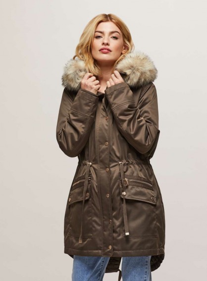 Miss Selfridge Khaki Faux Fur Trim Luxe Parka | winter coats | on-trend outerwear autumn/winter 