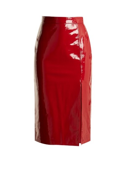 SALONI Kirsten high-rise patent-leather pencil skirt / red high shine glossy skirts