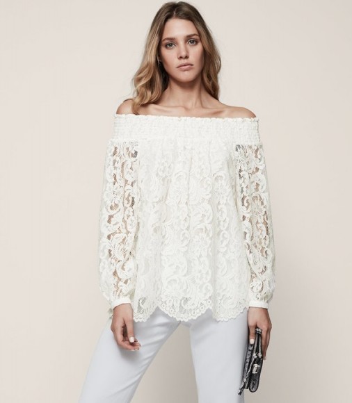 REISS LEVY CREAM OFF-THE-SHOULDER LACE TOP OFF WHITE ~ sheer bardot tops